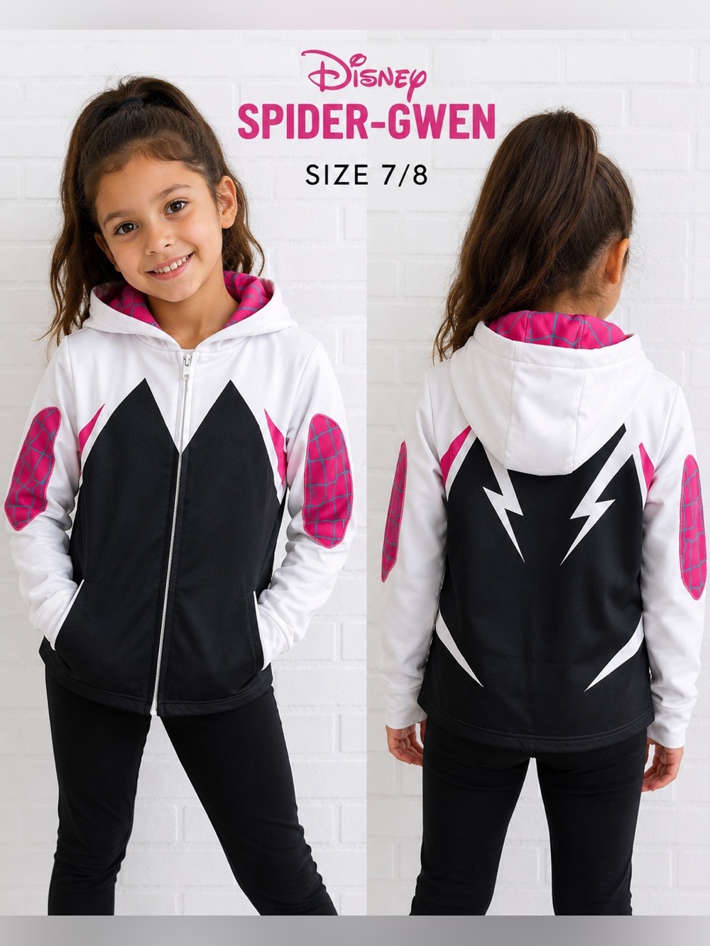 Disney Spider-Gwen Zip-Up Hoodie Jacket Girls Size 7/8 White Pink Cosplay
